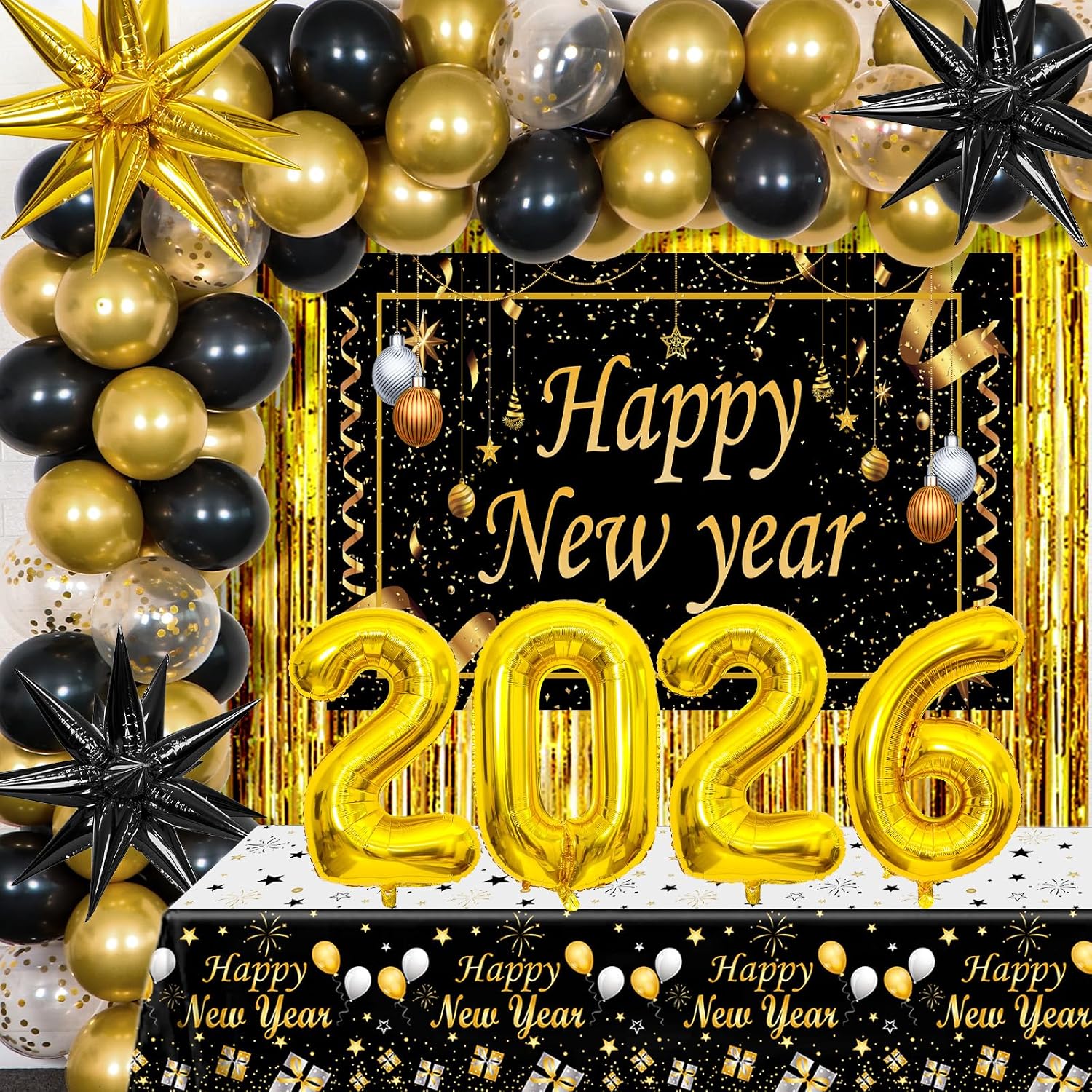 Happy New Year Decorations 2026, New Years Eve Party Supplies 2026 Black and Gold Happy New Year Banner Backdrop New