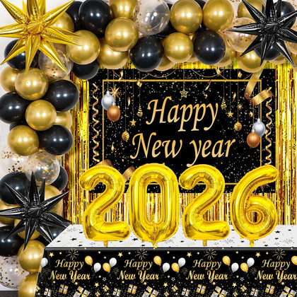 Happy New Year Decorations 2026, New Years Eve Party Supplies 2026 Black and Gold Happy New Year Banner Backdrop New