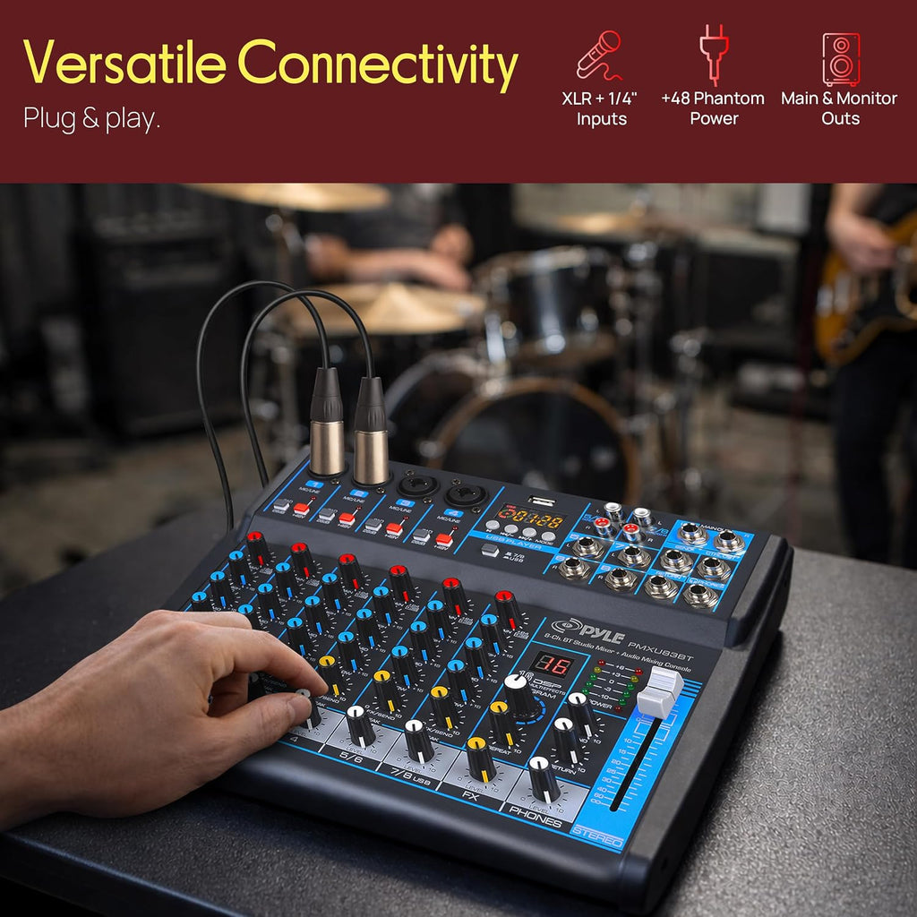 8 Channel DJ Audio Mixer, Bluetooth, DSP FX, USB, Audio Interface | +48V Phantom Power, 16Bit DSP Processor, USB-A