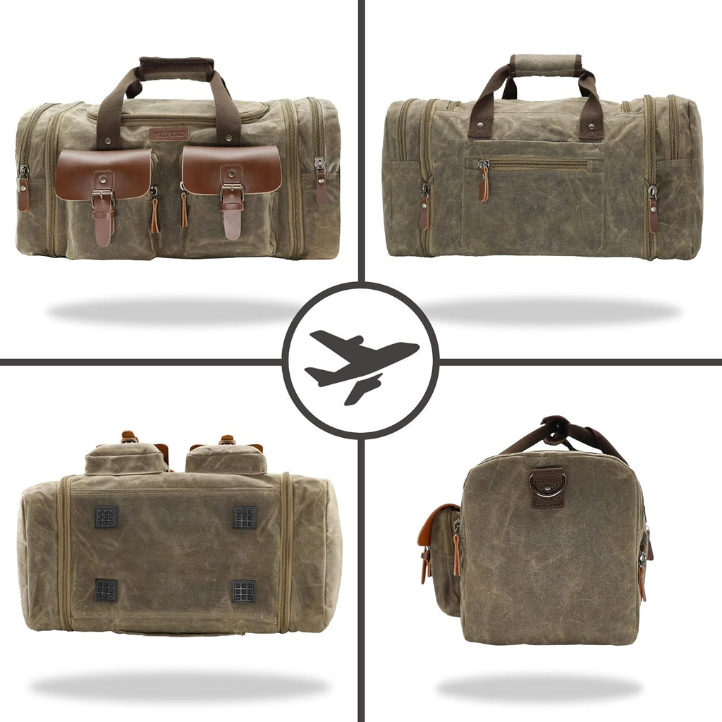 Waxed Canvas Duffle Bag - 50L Waterproof Weekender Overnight Travel Bag