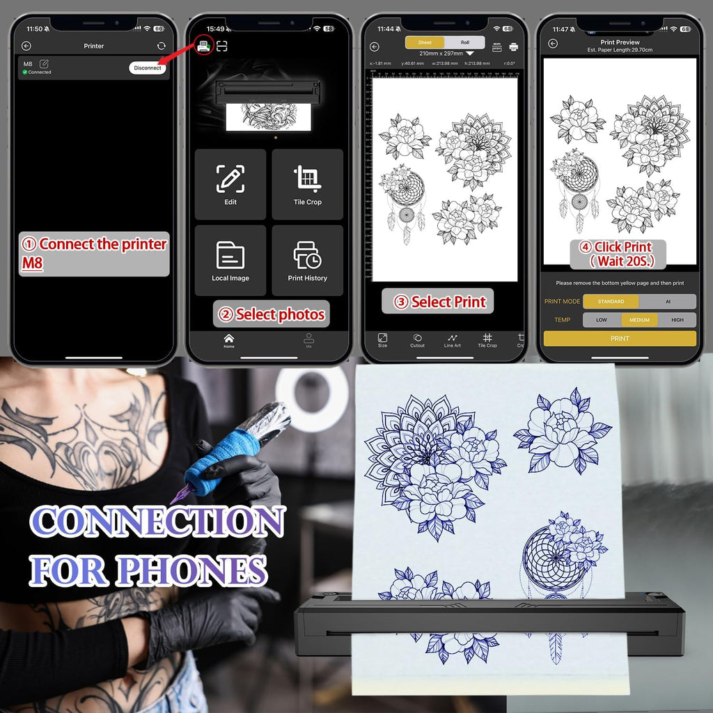 Wireless Tattoo Stencil Printer, Portable Bluetooth Thermal Tattoo Printer with App Custom-Size≤ A4, Print Realistic