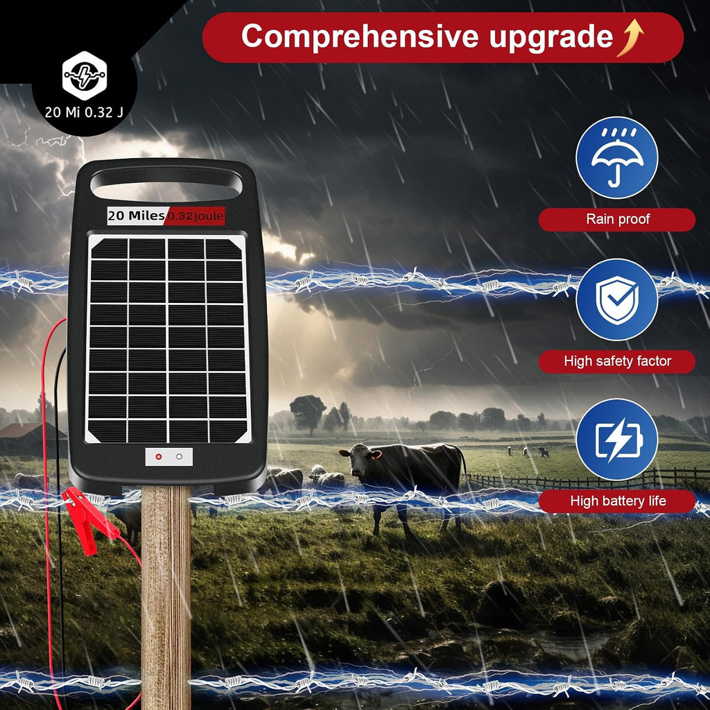 20 Miles Solar Powered Electric Fence Charger, 0.32J for Gardens, Livestock