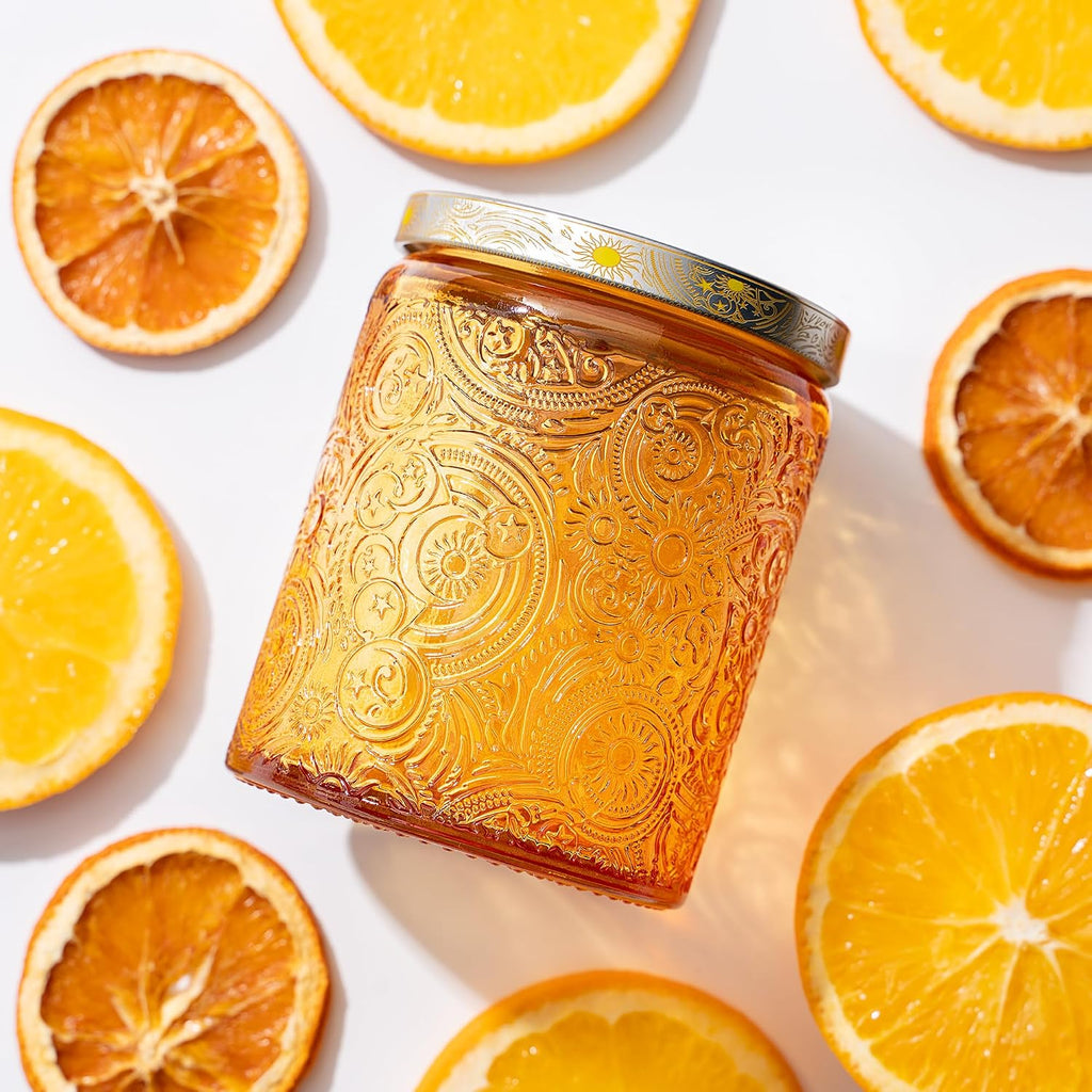 8 oz Orange Sun Moon Stars Candle Jars with Metal Lids, 9 Pack | Patented Embossed Design, Includes Wick Centering