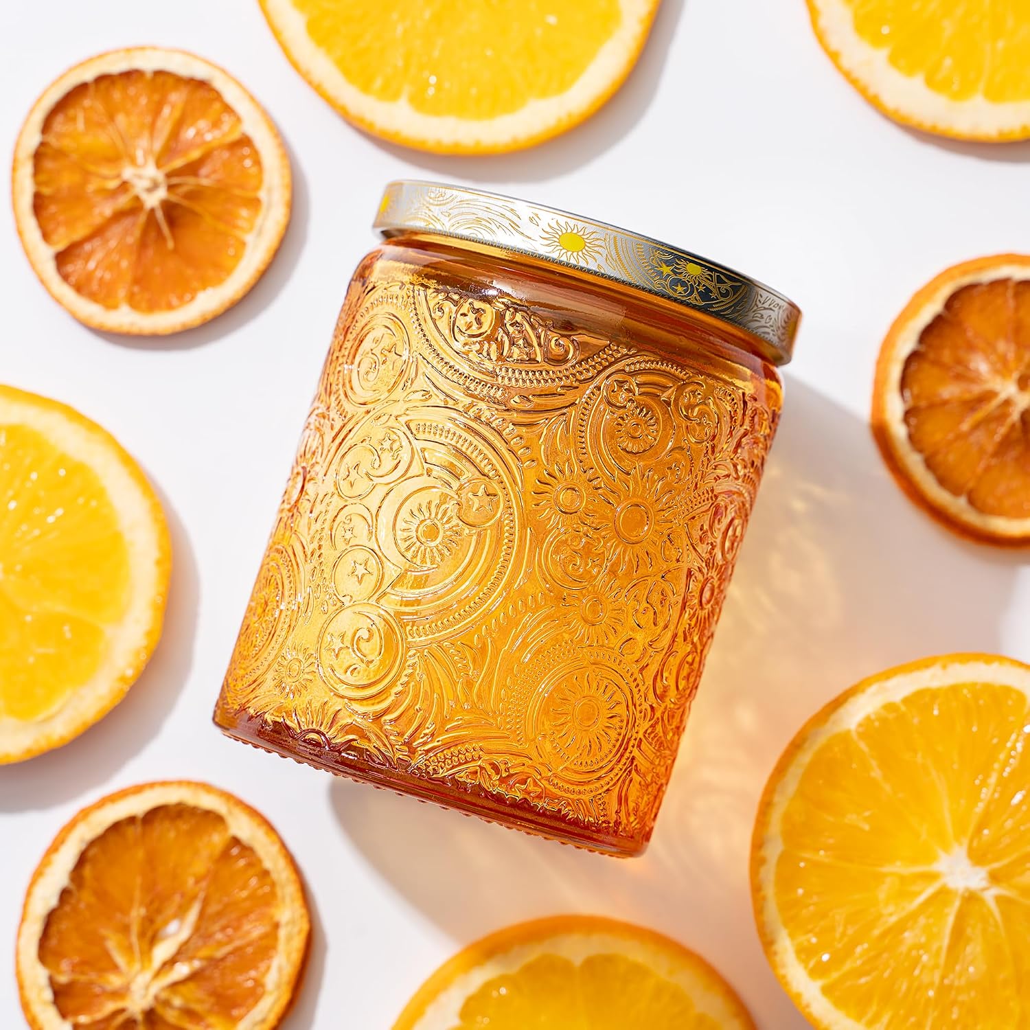 8 oz Orange Sun Moon Stars Candle Jars with Metal Lids, 9 Pack | Patented Embossed Design, Includes Wick Centering