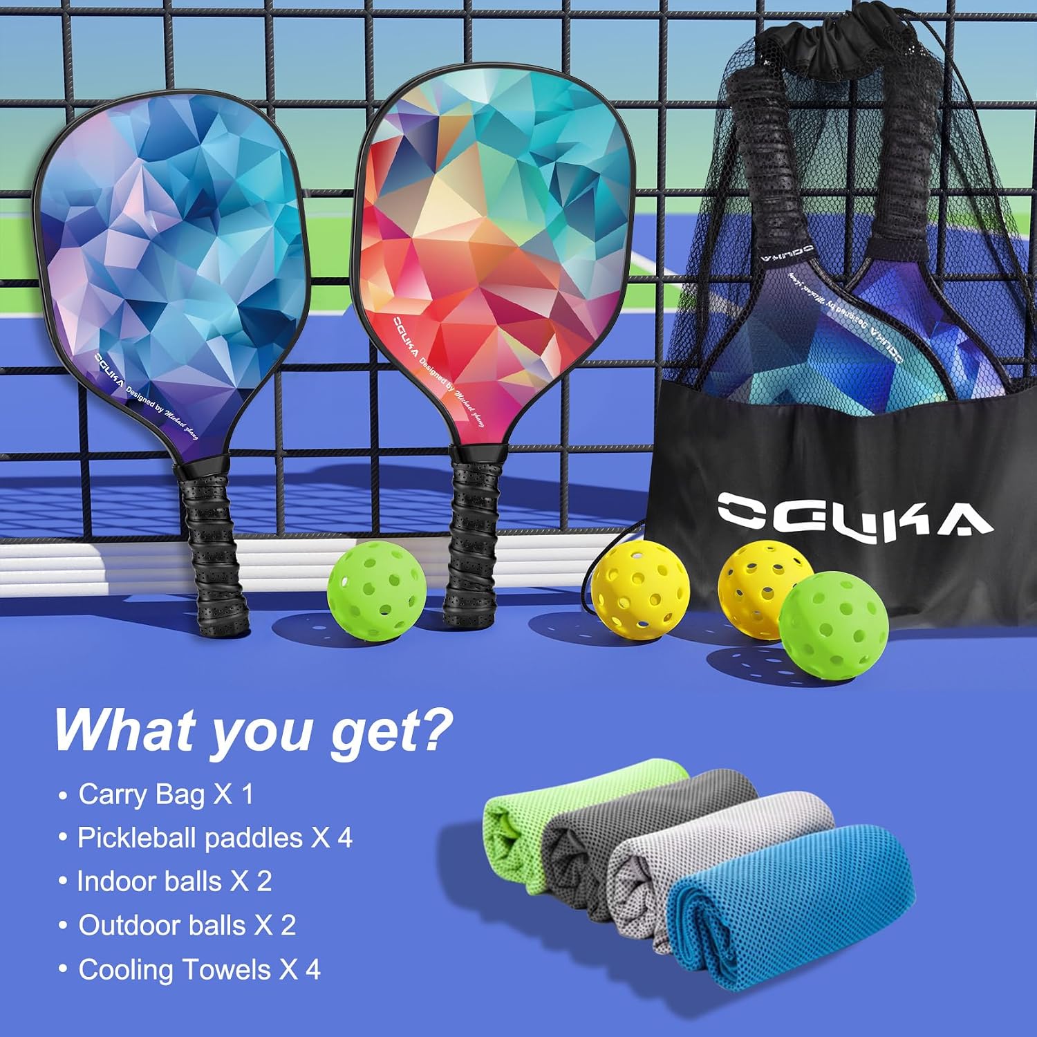 Pickleball Paddles, Lightweight Pickleball Paddles Set of 4, 4 Pickleball Balls, 4 Cooling Towels& Bag, Premium
