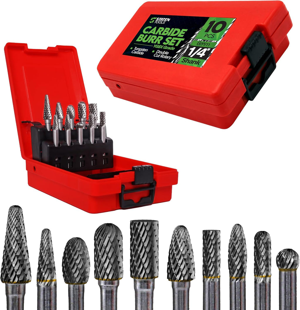 Carbide Burr Set 1/4" Shank 10-Pc Double Cut Die Grinder Bits Metal