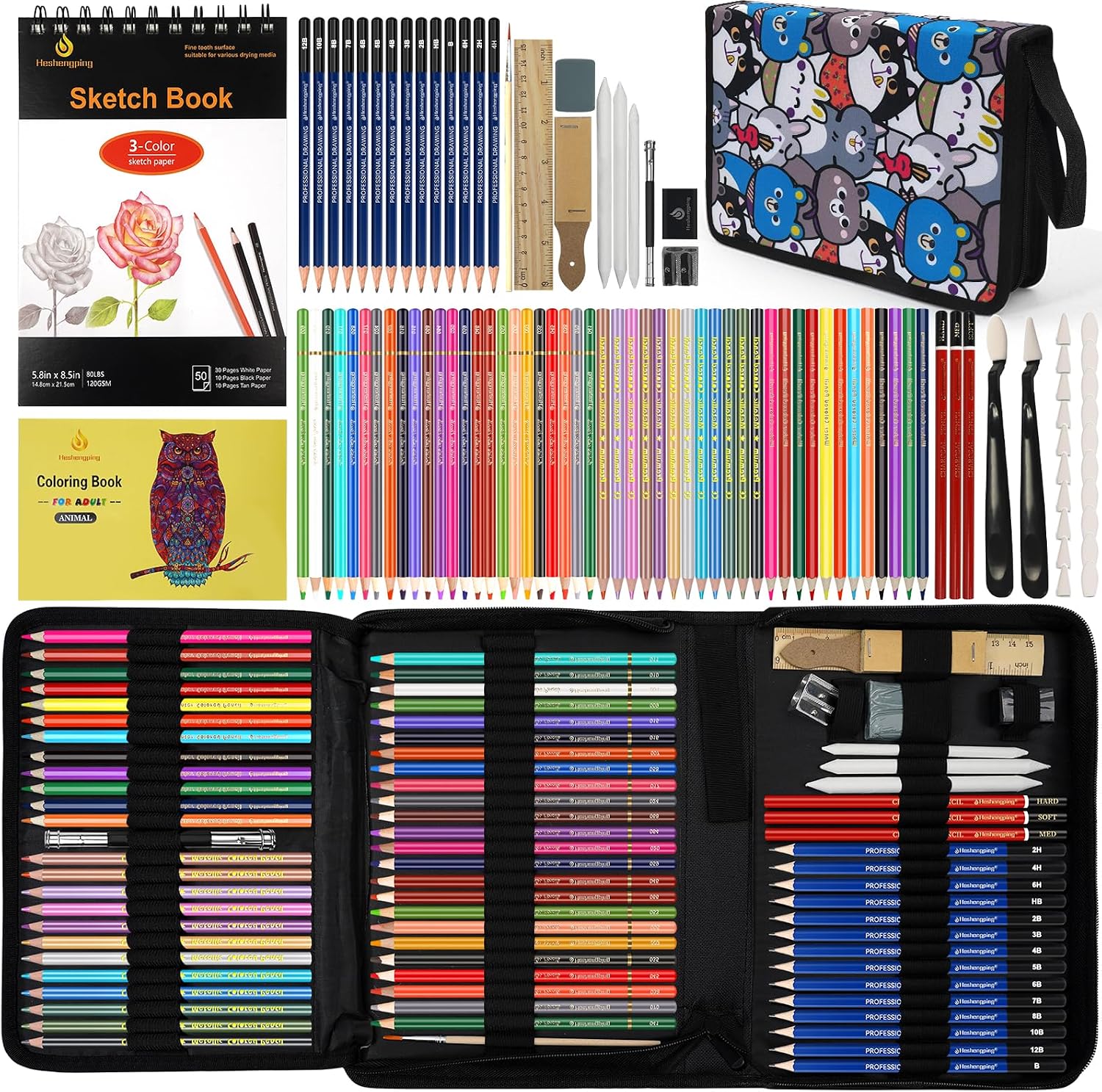 100 Art Supplies Drawing Kit Pro Drawing Supplies Set has 3-Color Sketchbook Coloring book Graphite Colored Charcoal