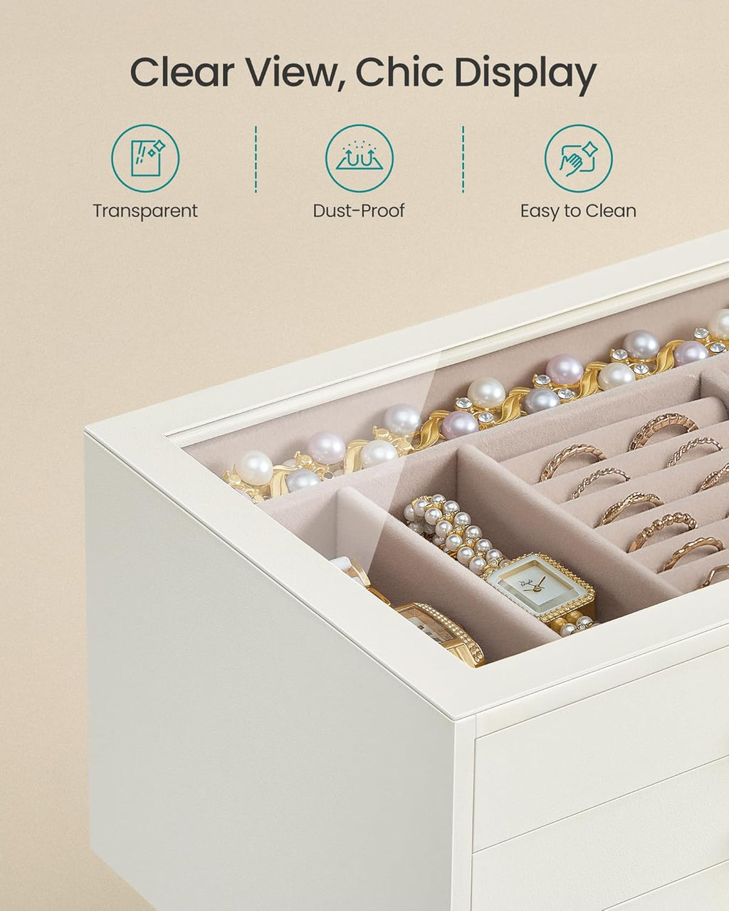 3-Layer Jewelry Box with Glass Window, Jewelry Storage Organizer with 3 Drawers, Golden Handles, for Rings, Earrings