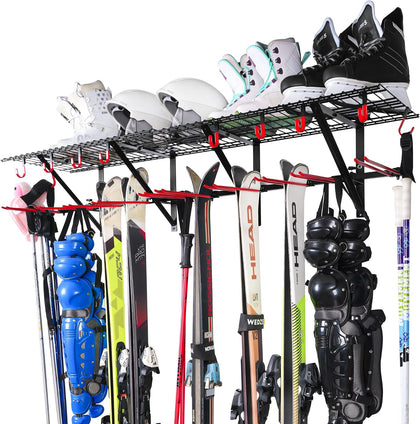 Wall-Mounted Ski and Snowboard Storage Rack, 2-Pack | 2-pack wall rack with top shelves, movable hangers, 16–24 in