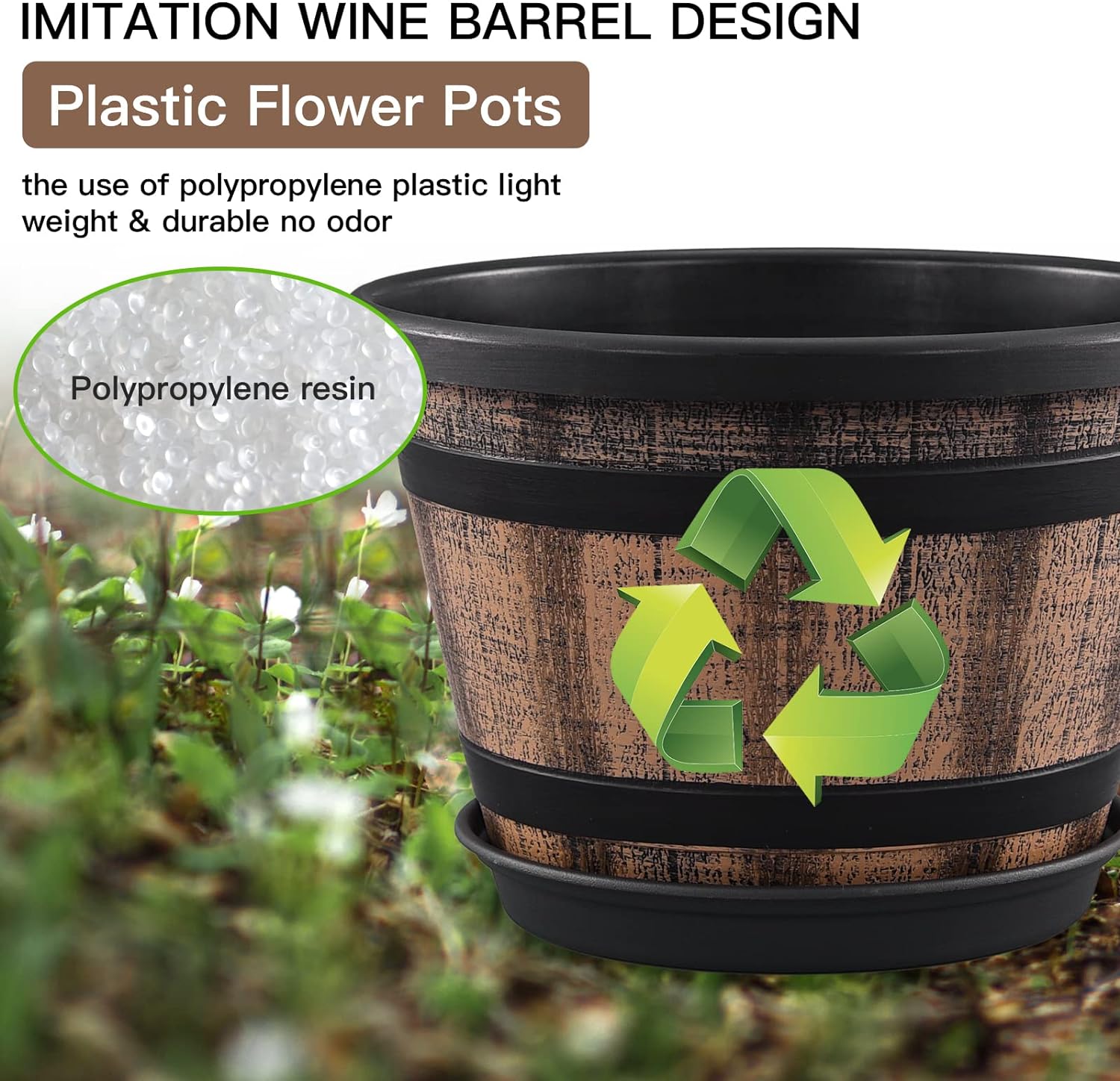 Plant Pots Set of 4 Pack 12 inch,Large Whiskey Barrel Planters with Drainage Holes & Saucer.Plastic Flower Pots