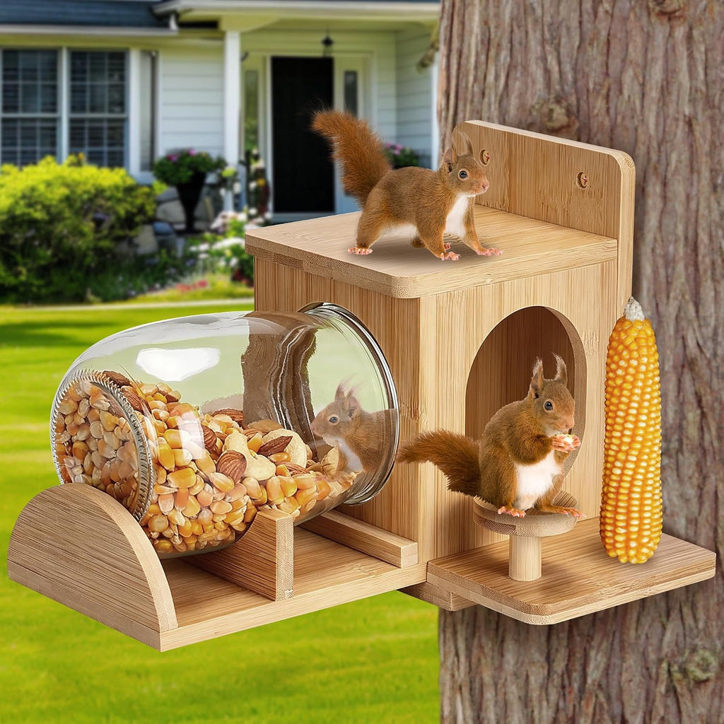 Bamboo Wood Squirrel Feeder, Outdoor Squirrel Feeders for Garden Tree, Chipmunk Feeder for Corn and Peanuts, with