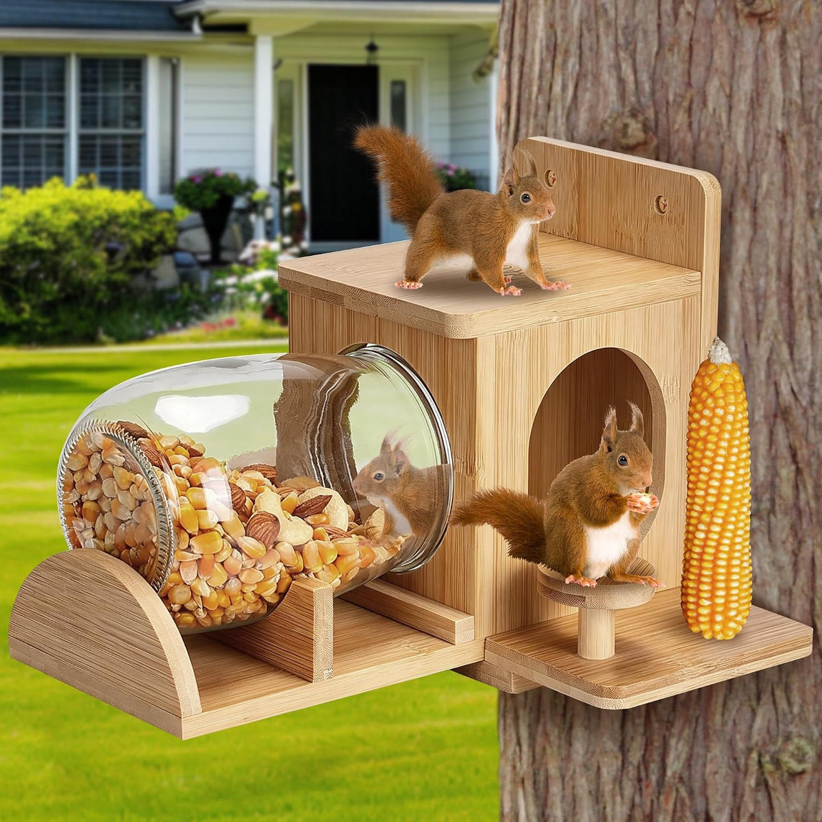 Bamboo Wood Squirrel Feeder, Outdoor Squirrel Feeders for Garden Tree, Chipmunk Feeder for Corn and Peanuts, with