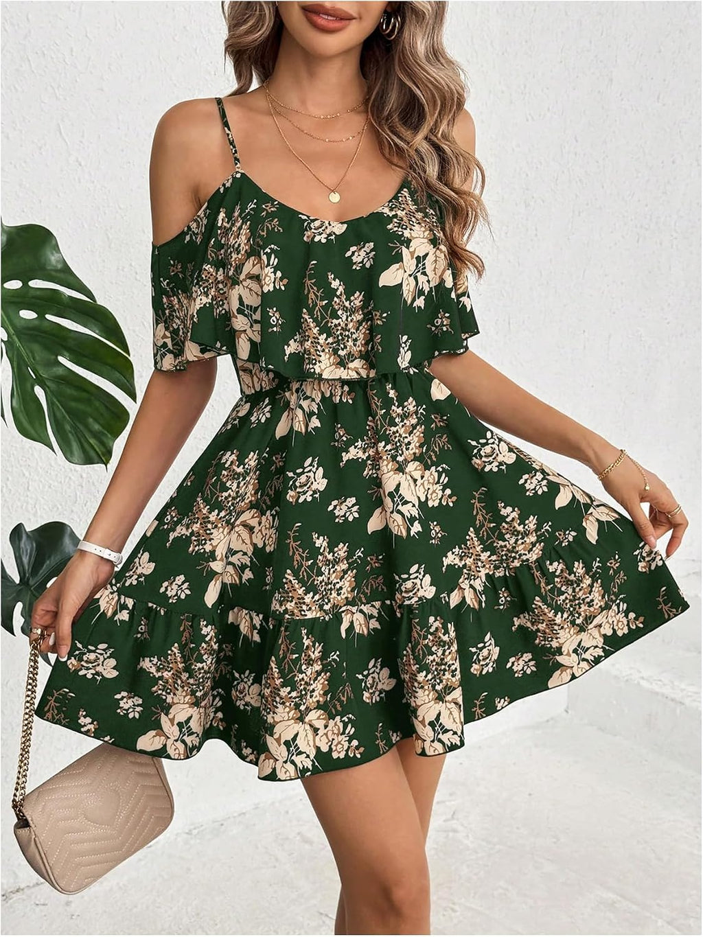 Women's Summer Floral Mini Dress Cold Shoulder Ruffle Dresses