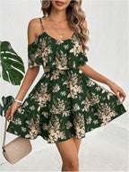 Women's Summer Floral Mini Dress Cold Shoulder Ruffle Dresses
