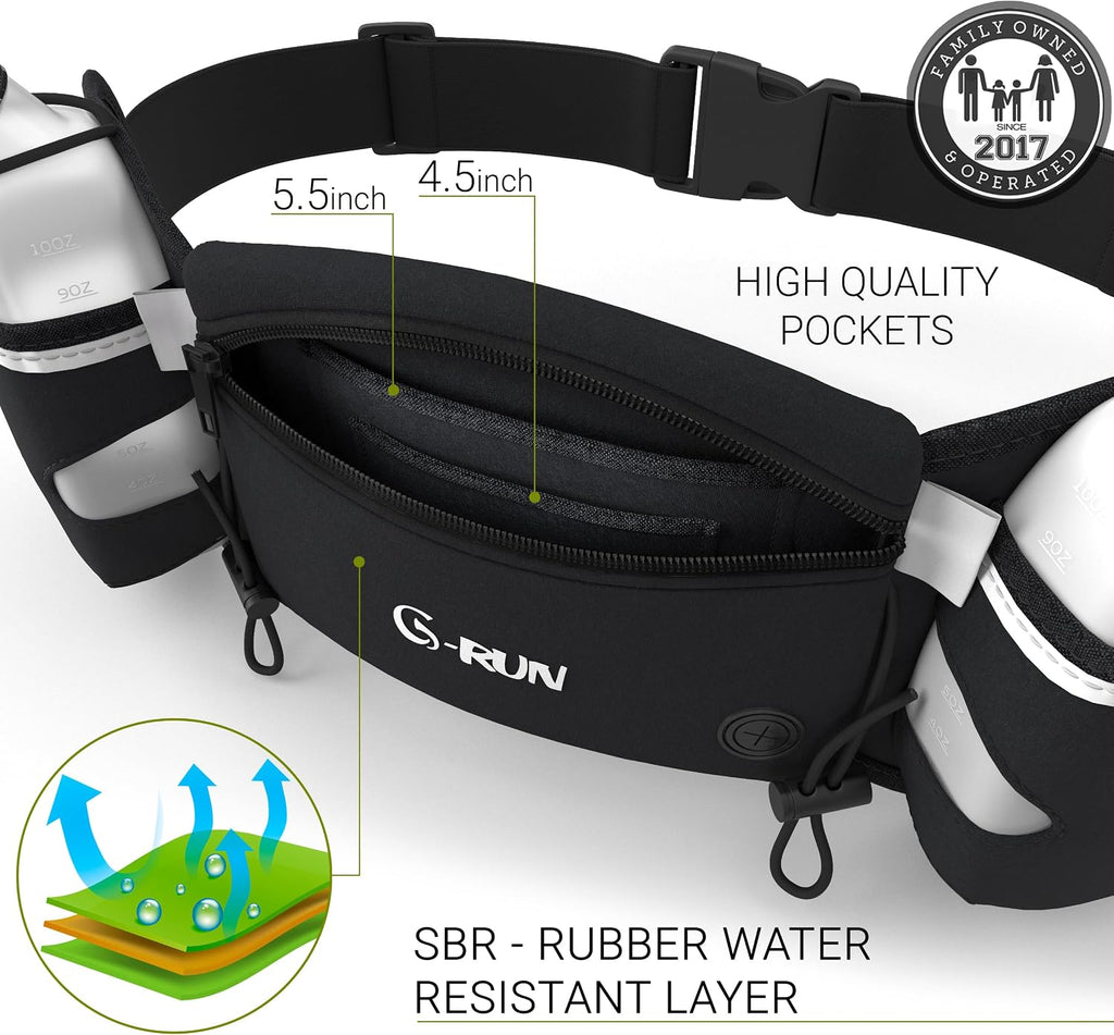 Hydration Running Belt with Bottles - Water Belts for Woman and Men - iPhone Belt for Any Phone Size - Fuel Marathon