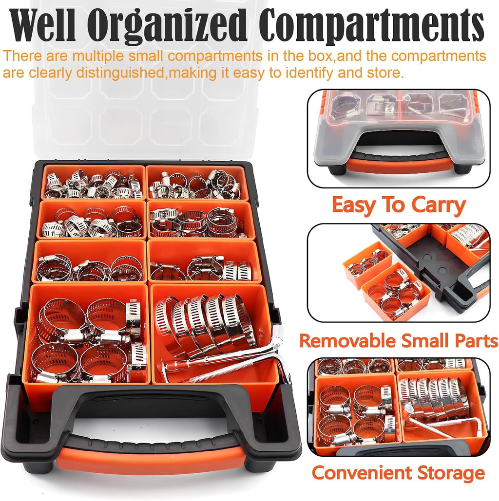 175Pcs Worm Gear Hose Clamps Kit 1/4"-2"(6-51mm) with Tools for Pipeline