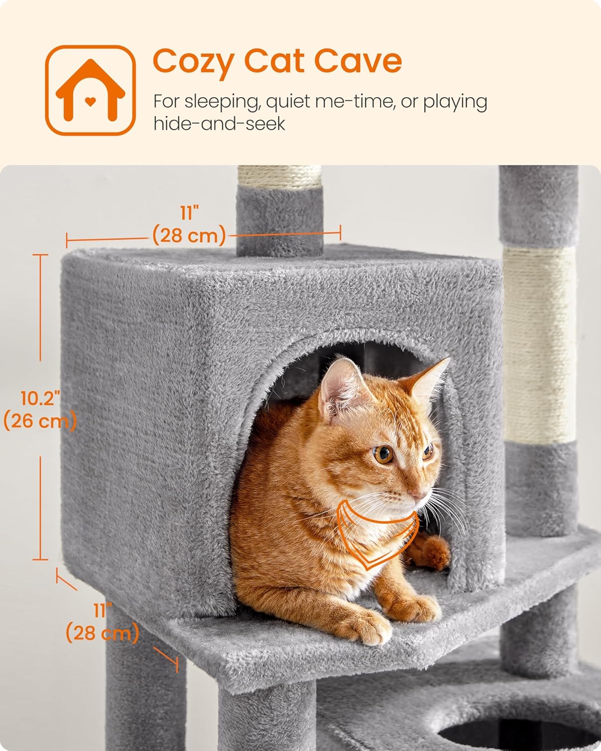 Cat Tree, 59.5-Inch Tall Cat Tower, Plush Multi-Level Condo with 5 Scratching Posts, 2 Perches, 2 Caves, Hammock, 2