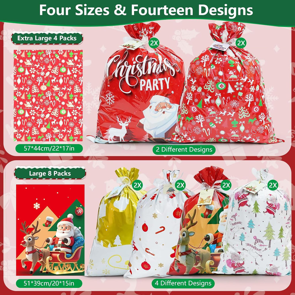 30 Pcs Christmas Gift Bags, 4 Assorted Sizes Small Medium Large