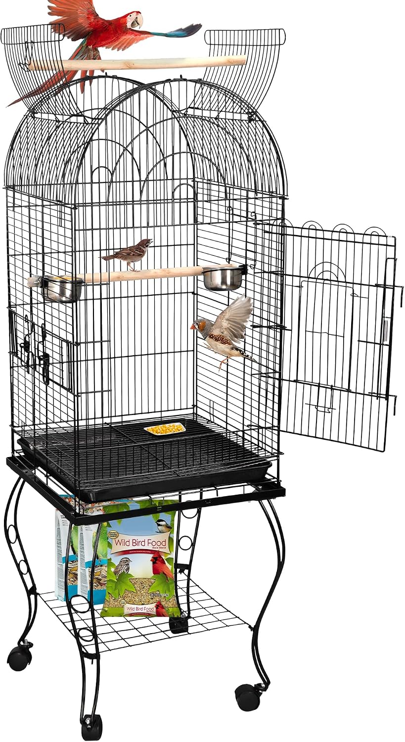 63.5 Inch Open-Top Birdcage, Wrought Iron Bird Cage with Slide-Out Tray + Detachable Rolling Stand, Pet Parrot Cage