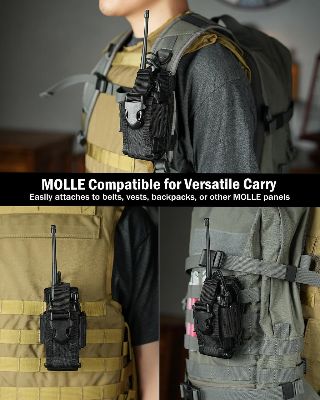 Radio Holster MOLLE Radio Pouch Universal Walkie Talkie Pouch | Horizontal & vertical carry for belt vest backpack