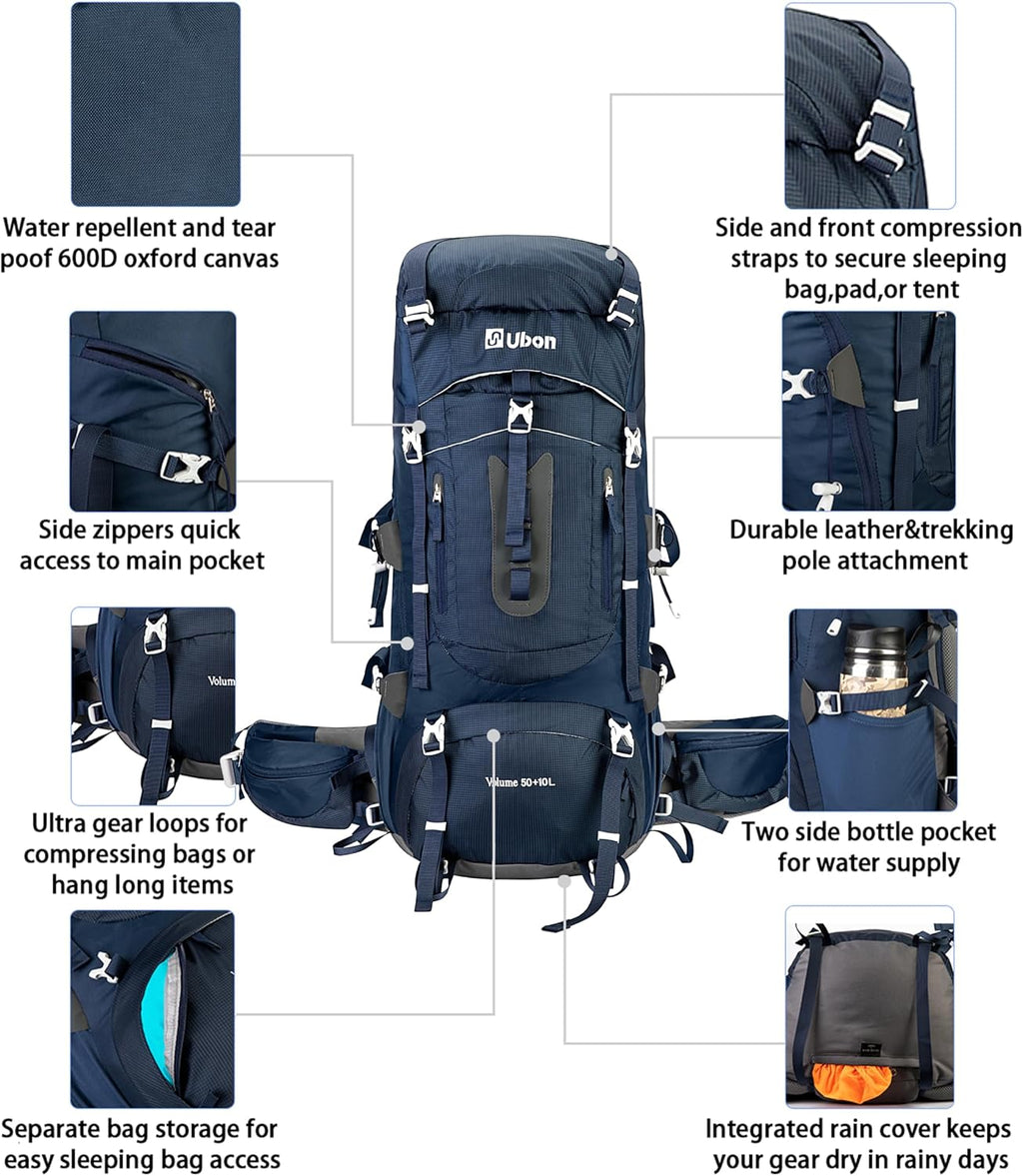 60L Internal Frame Hiking Backpack, Rain Cover Included | Camping Backpack Made from 600d Nylon, 7-Stage Torso Fit