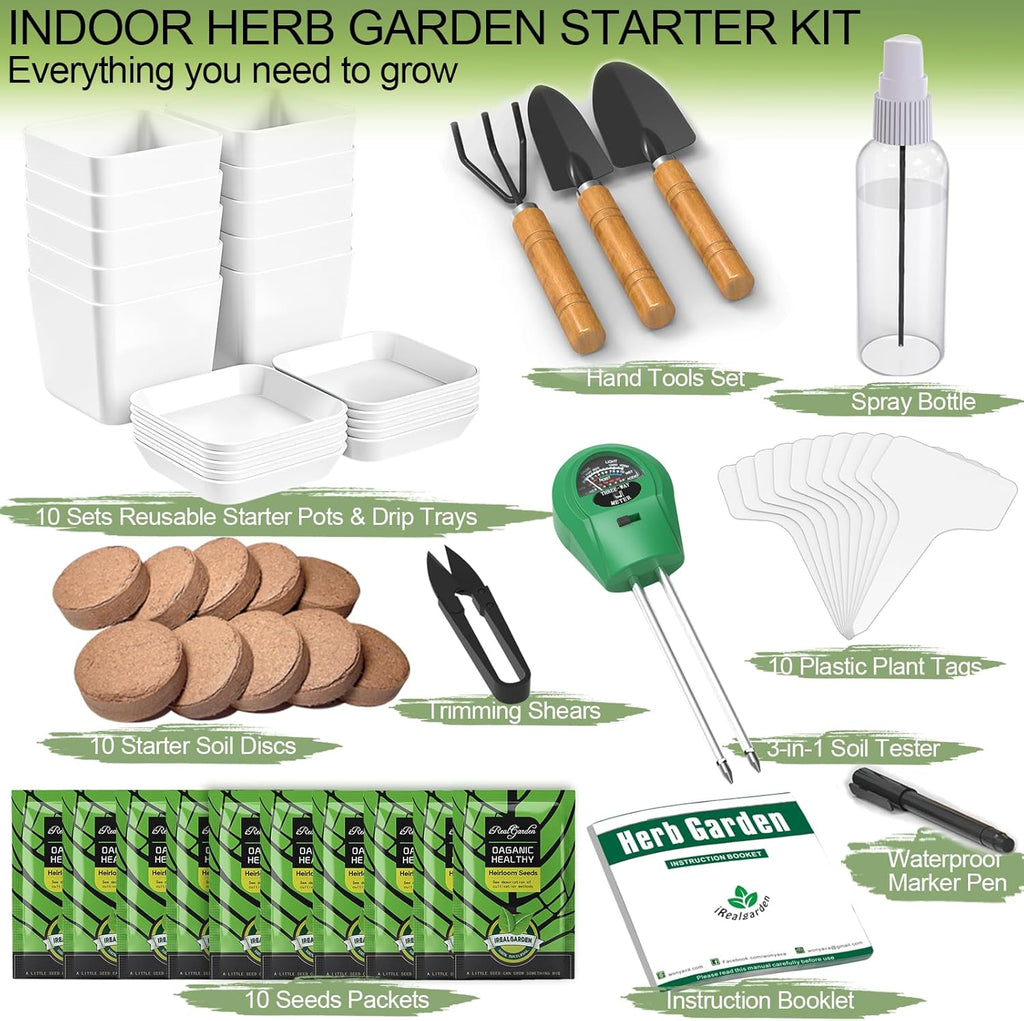 Indoor Herb Garden Kit – 10 Non-GMO Herb Seeds with Soil, Pots & Moisture Meter – Easy Windowsill Gardening Starter