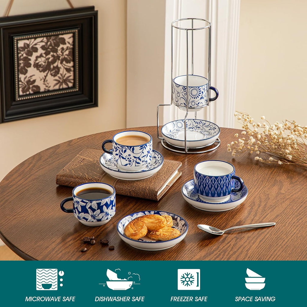 4 OZ Porcelain Espresso Cups Set of 4, Stackable Cappuccino Cups