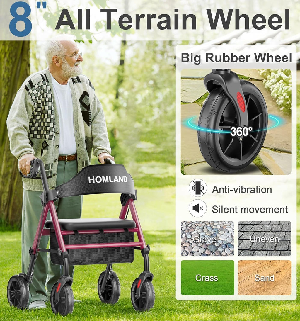 Walkers for Seniors with Seat, Foldable Rollator Walker, Reinforced Aluminum Frame, 8" Big Rubber Wheels for All