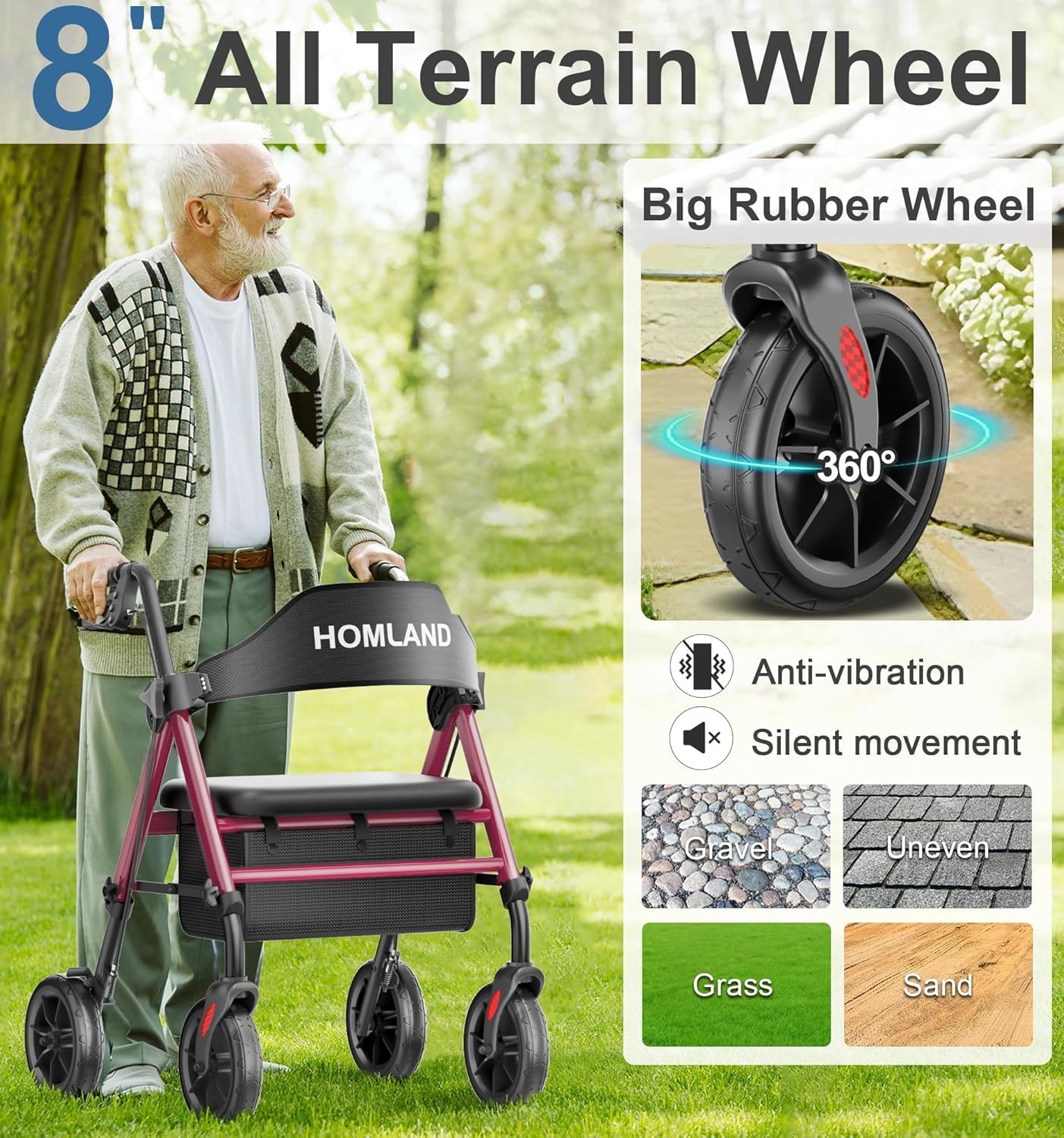Walkers for Seniors with Seat, Foldable Rollator Walker, Reinforced Aluminum Frame, 8" Big Rubber Wheels for All