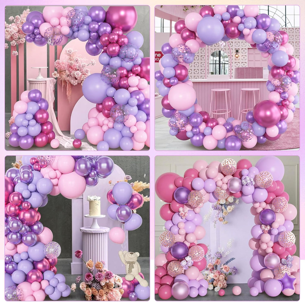 153pcs Pink Purple Balloon Garland Arch Kit, Different Sizes 18 12 10 5 inch Pink Purple Red Latex Metallic Confetti