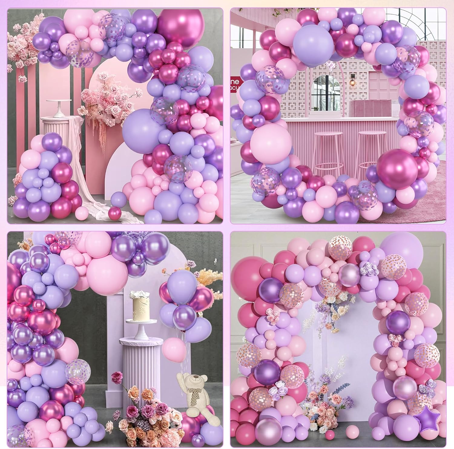 153pcs Pink Purple Balloon Garland Arch Kit, Different Sizes 18 12 10 5 inch Pink Purple Red Latex Metallic Confetti