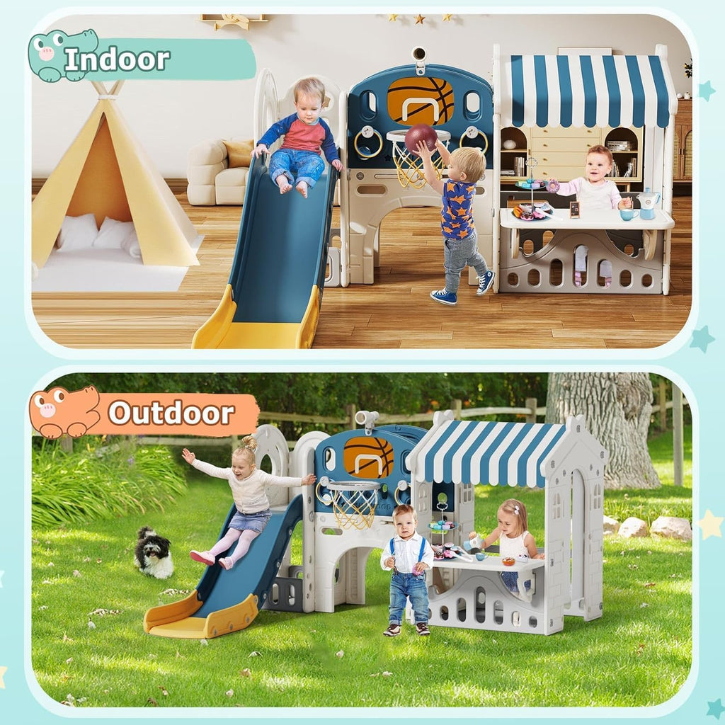 10 in 1 Toddler Slide with Basketball Hoop, Outdoor Slide for Toddlers Age 1-3 with Kid Playhouse, Indoor Toddler