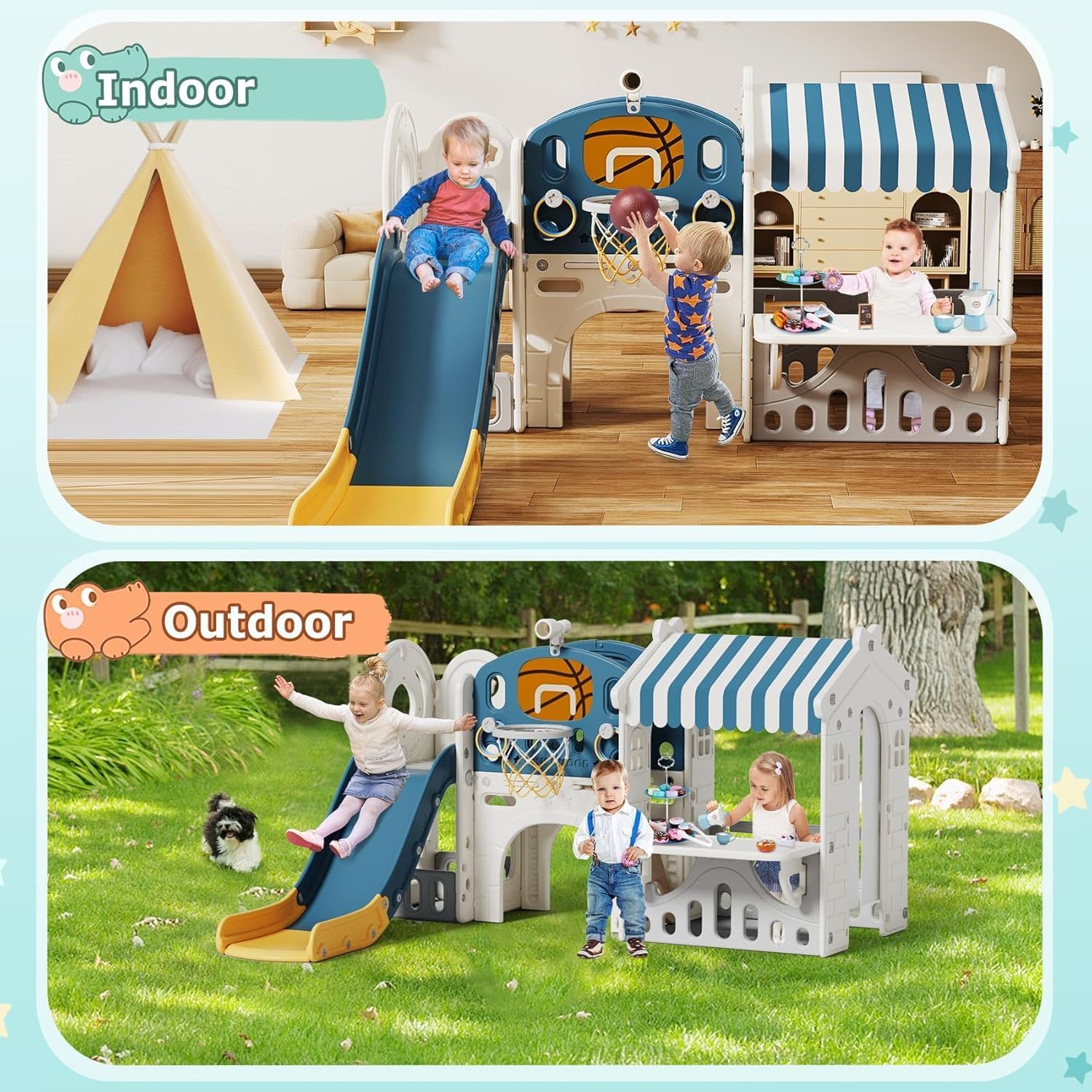 10 in 1 Toddler Slide with Basketball Hoop, Outdoor Slide for Toddlers Age 1-3 with Kid Playhouse, Indoor Toddler