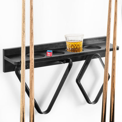 Pool Stick Holder Wall Mount - 4 Pool Cue Rack with Accessories Shelf and 4 Drink Holders - Bamboo Billiard Cue Rack