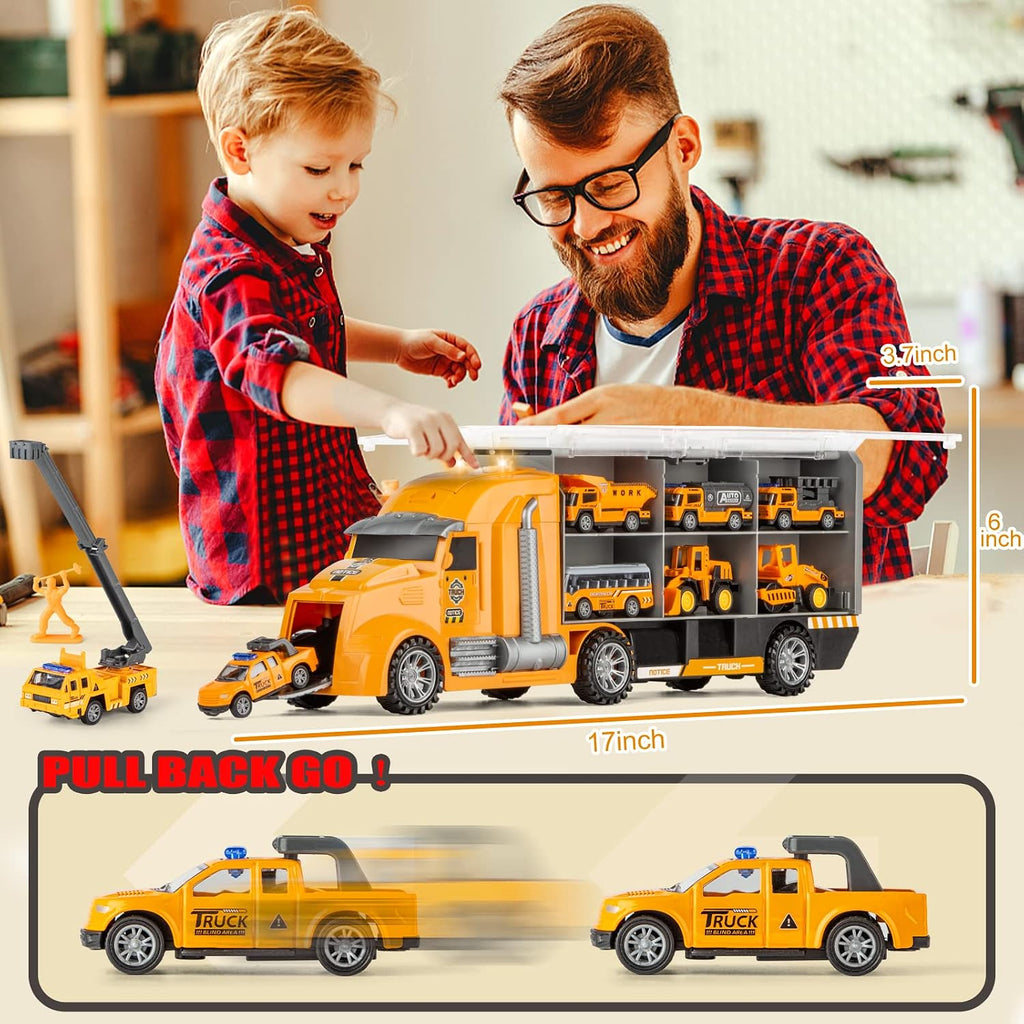 25 in 1 Die-cast Pull Back Construction Truck Vehicle Toys for 3-7Year Old Boy, Sounds and Lights in Large Carrier