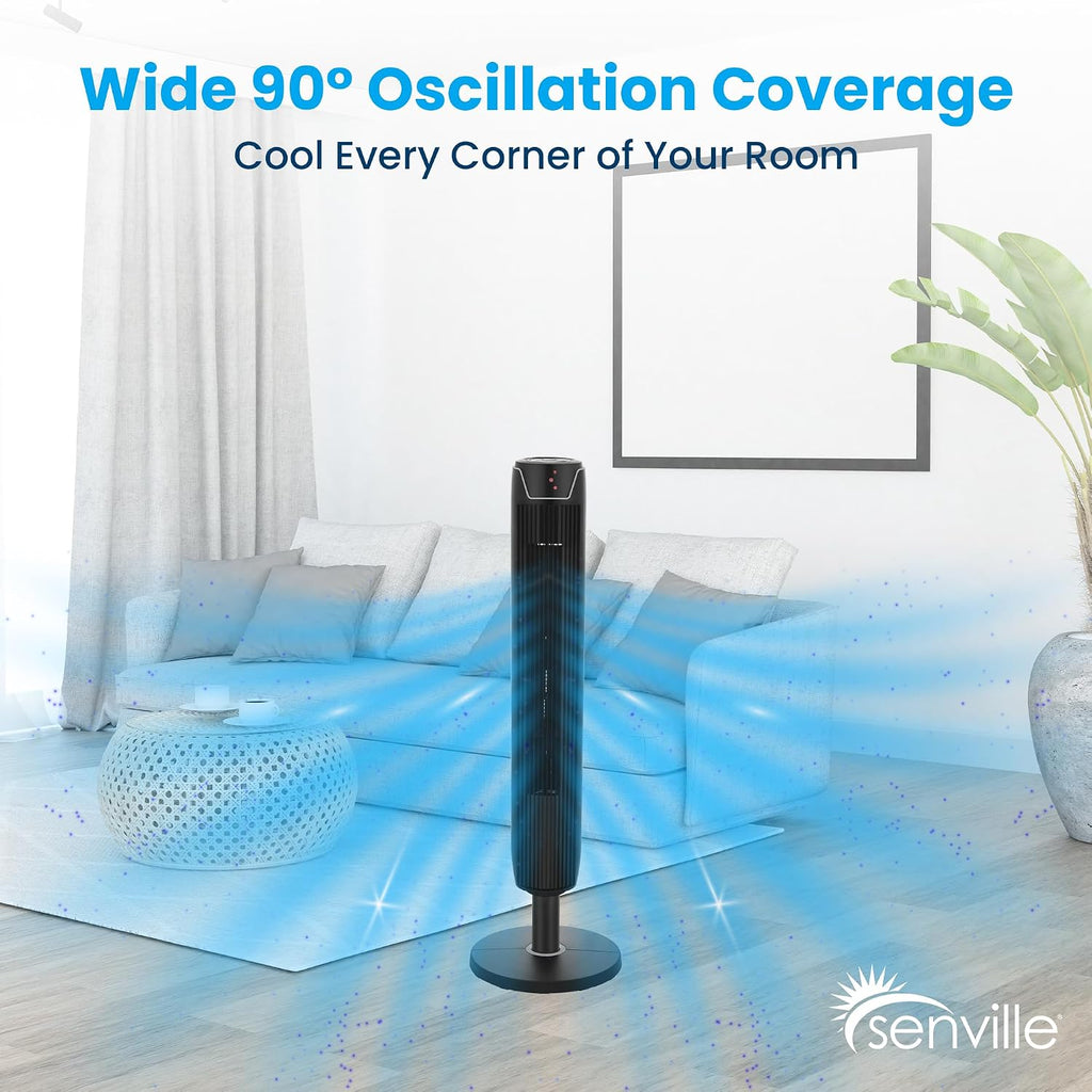 Bladeless Oscillating Tower Fan for Bedroom, Remote, Quiet, Black | 42in Height, LED Display, 3 Speed Modes, 7-Hour