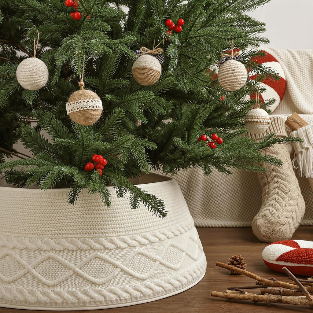 Knitted Christmas Tree Collar: Cream Crossed Diamond Edge Chunky Cable Knit Christmas Tree Collars for Artificial