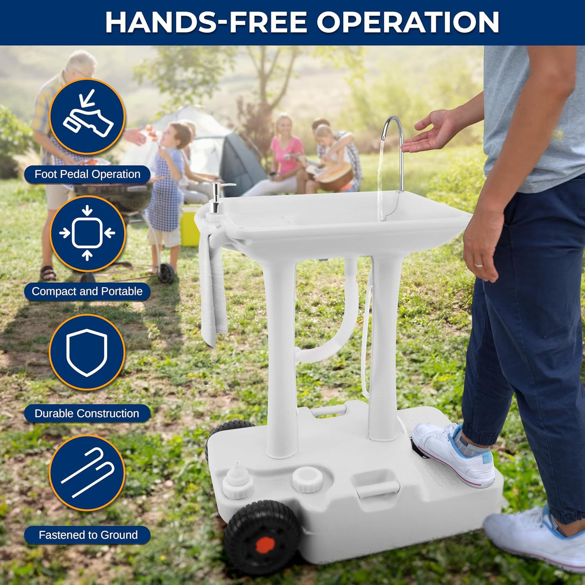 Portable Hand Washing Station, 100+ Hand Washes, Hands-Free Foot Pump, Soap Dispenser, and Drain Hose, Ideal for