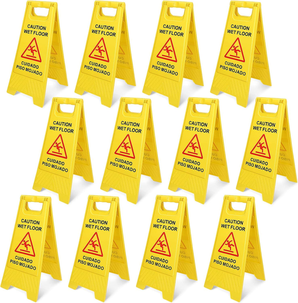 12 Pack Caution Wet Floor Sign - 23.62" Wet Floor Double-Sided Cuidado Piso Mojado Foldable Bilingual Alert Sign for