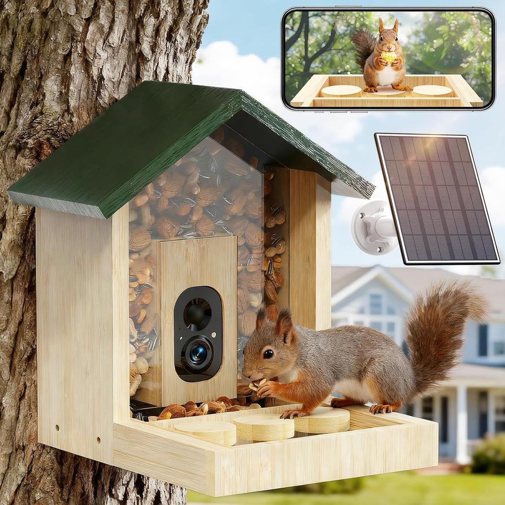 Wooden Squirrel Feeder with Camera, Solar-Powered, 2K HD+ Video