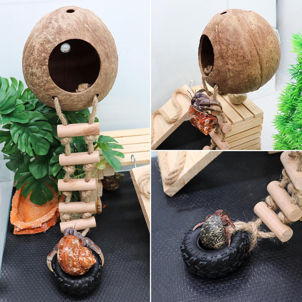 Hermit Crab Climbing Toy, Natural Coconut Reptile Hideout with Ladder, Hanging Coconut Reptile House, Cage or Tank