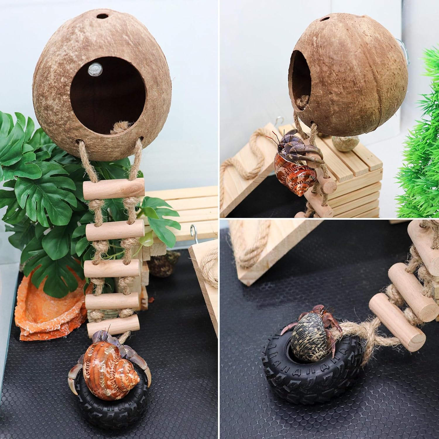 Hermit Crab Climbing Toy, Natural Coconut Reptile Hideout with Ladder, Hanging Coconut Reptile House, Cage or Tank