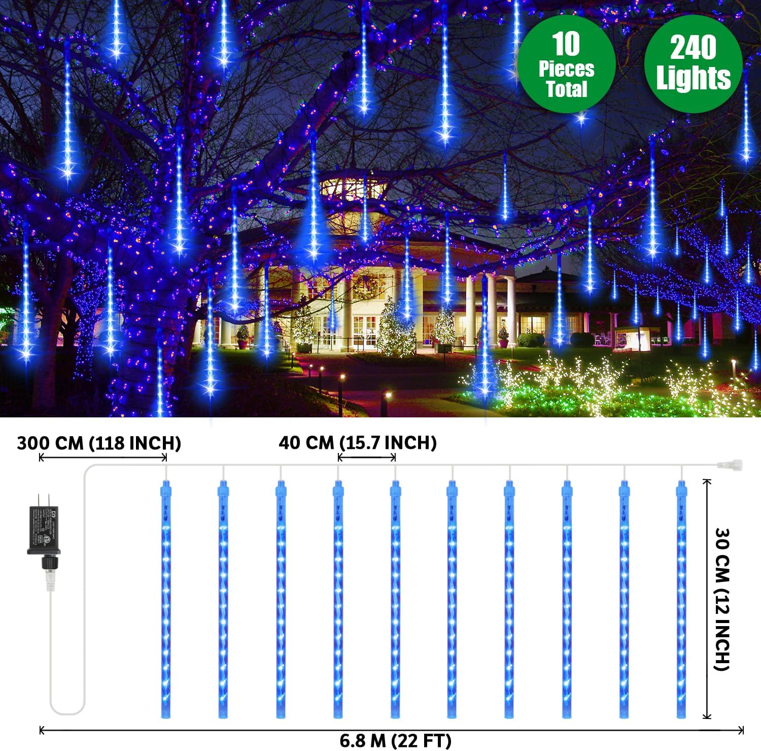 Christmas Lights Outdoor,12-inch LED Meteor Shower Icicle Lights, 10 Tubes 240 LED String Lights. Waterproof Plug