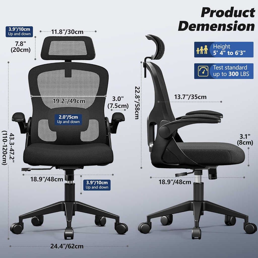 Ergonomic Office Chair, High Back Desk Chair with Flip-up Arms, 300 LBS Mesh Computer Chair with Adjustable Headrest