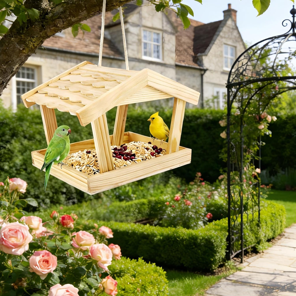Bird Feeders House, 10x6.3x7.8 Inch Wooden Wild Bird Feeders for Cardinals Finches Bluebird Mealworm, Platform Bird