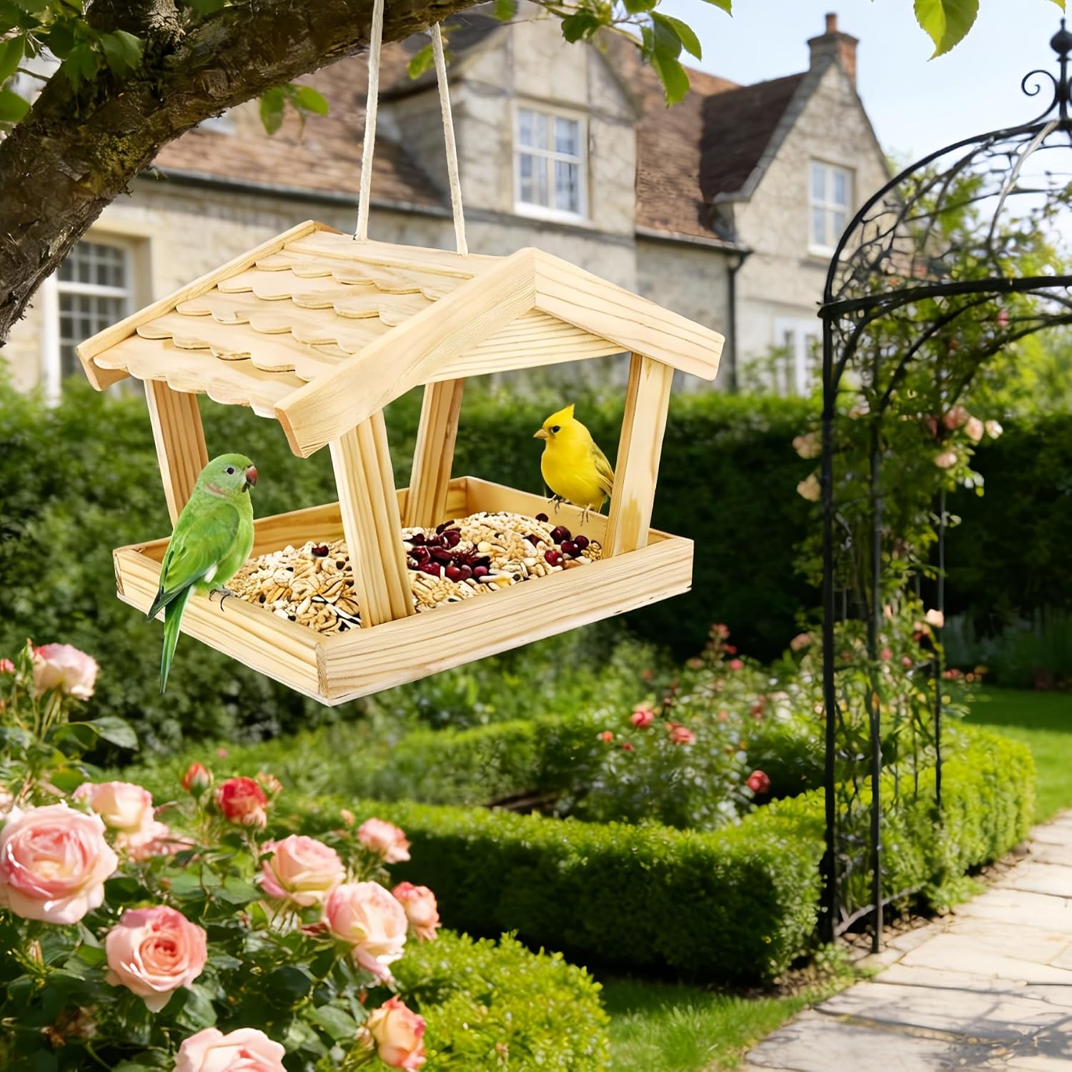 Bird Feeders House, 10x6.3x7.8 Inch Wooden Wild Bird Feeders for Cardinals Finches Bluebird Mealworm, Platform Bird