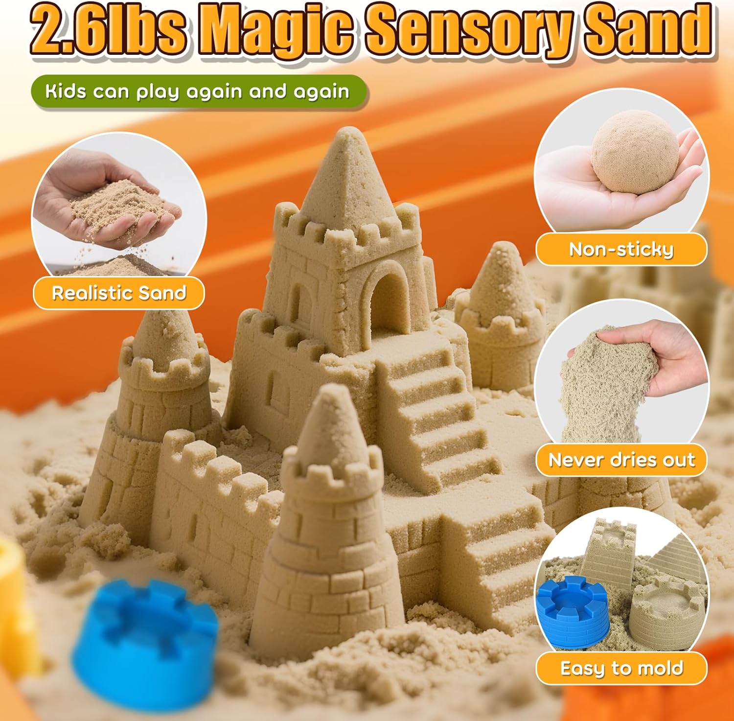 Sensory Table with Sensory Sand, Indoor Sensory Bin with Lid & 2.6lbs Play Sand, Construction Kit with 6 Alloy Trucks
