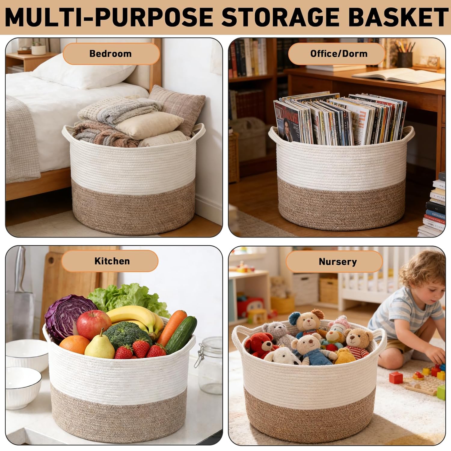 Large Woven Blanket Basket,65L Cotton Rope Laundry Basket Hamper with Handles, Decorative Nursery Basket Storage Bin