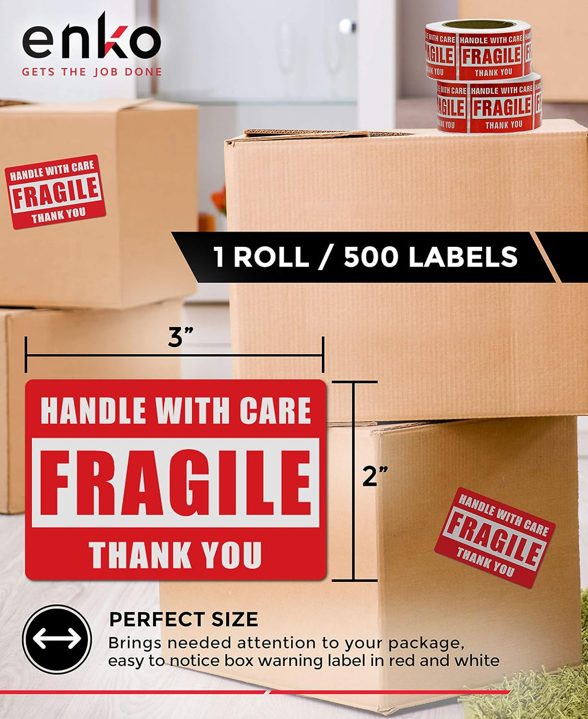 1 Roll 3 x 5 in Large Fragile Stickers for Moving and Shipping