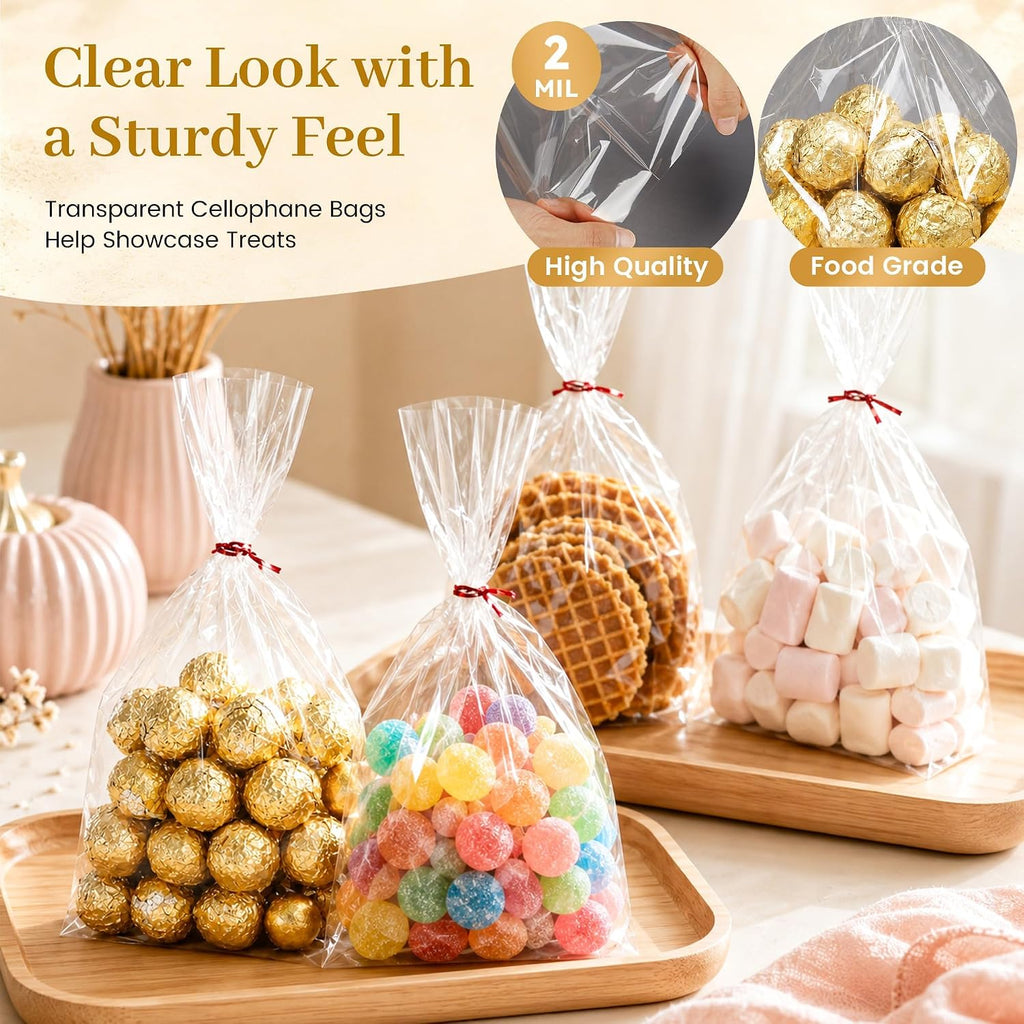 Halloween Treat Bags,100 Pack Gusseted Bags 6x9x2.4 in, with ties